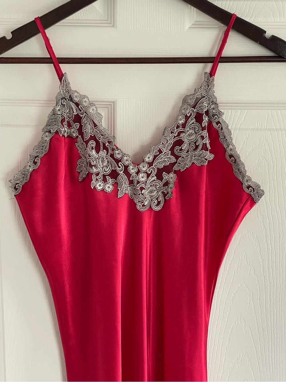 Bright Red Lace Trim Slip Dress Satin Finish Maxi Medium Vibrant Summer Dress